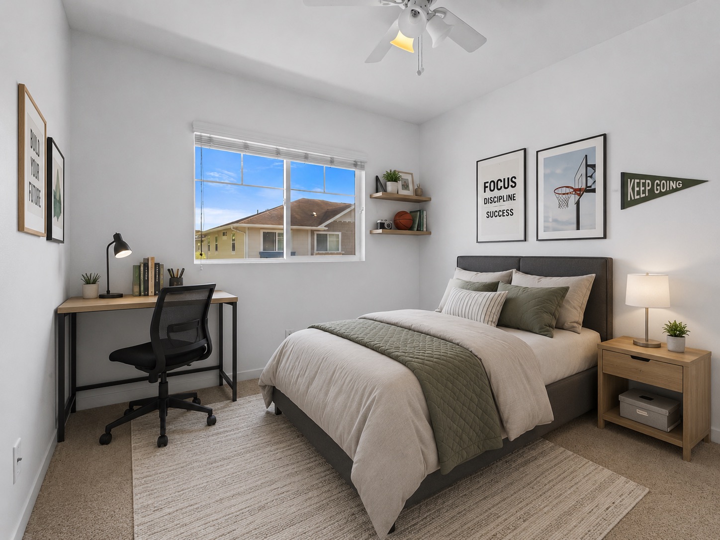 Second bedroom with queen bed and desk workspace