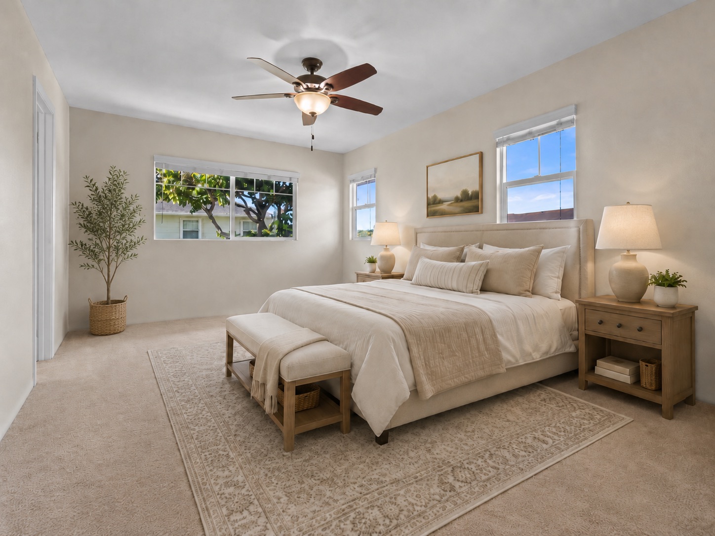 Primary bedroom with king bed and natural light